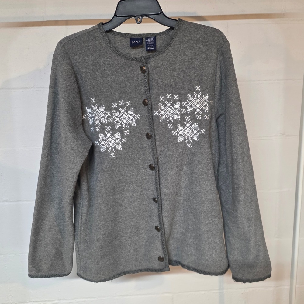Basic Editions Womens Medium Gray Fleece Cardigan Snowflake Embroidered Jacket
